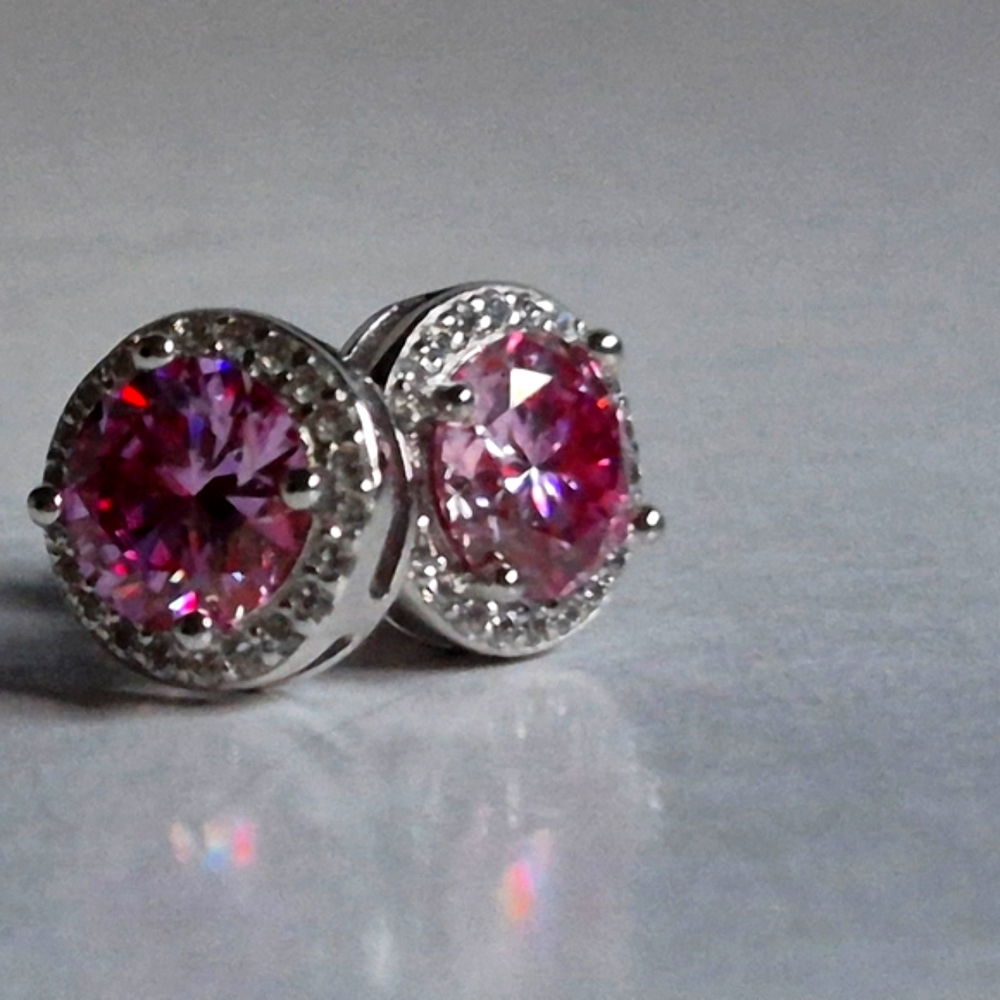 Genuine Pink Diamond Moissanite Halo Stud Earrings | 925 Sterling Silver - Picture 3 of 8